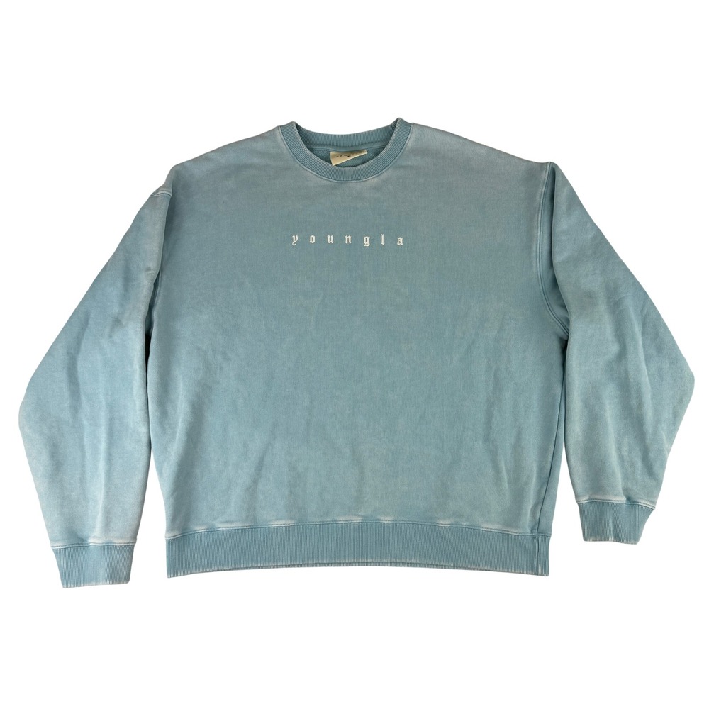 YoungLA Sweatshirt Mens XL Blue Mineral Wash Gothic Logo Oversized 5099 YLA2776